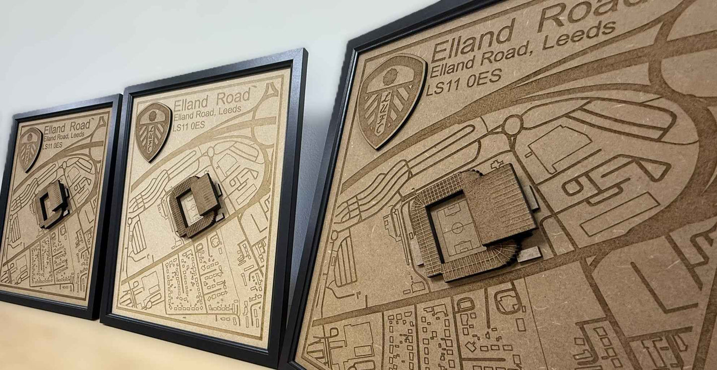 LUFC Elland Road Stadium Print Framed 3D Laser Burned Elland Road Stadium Art