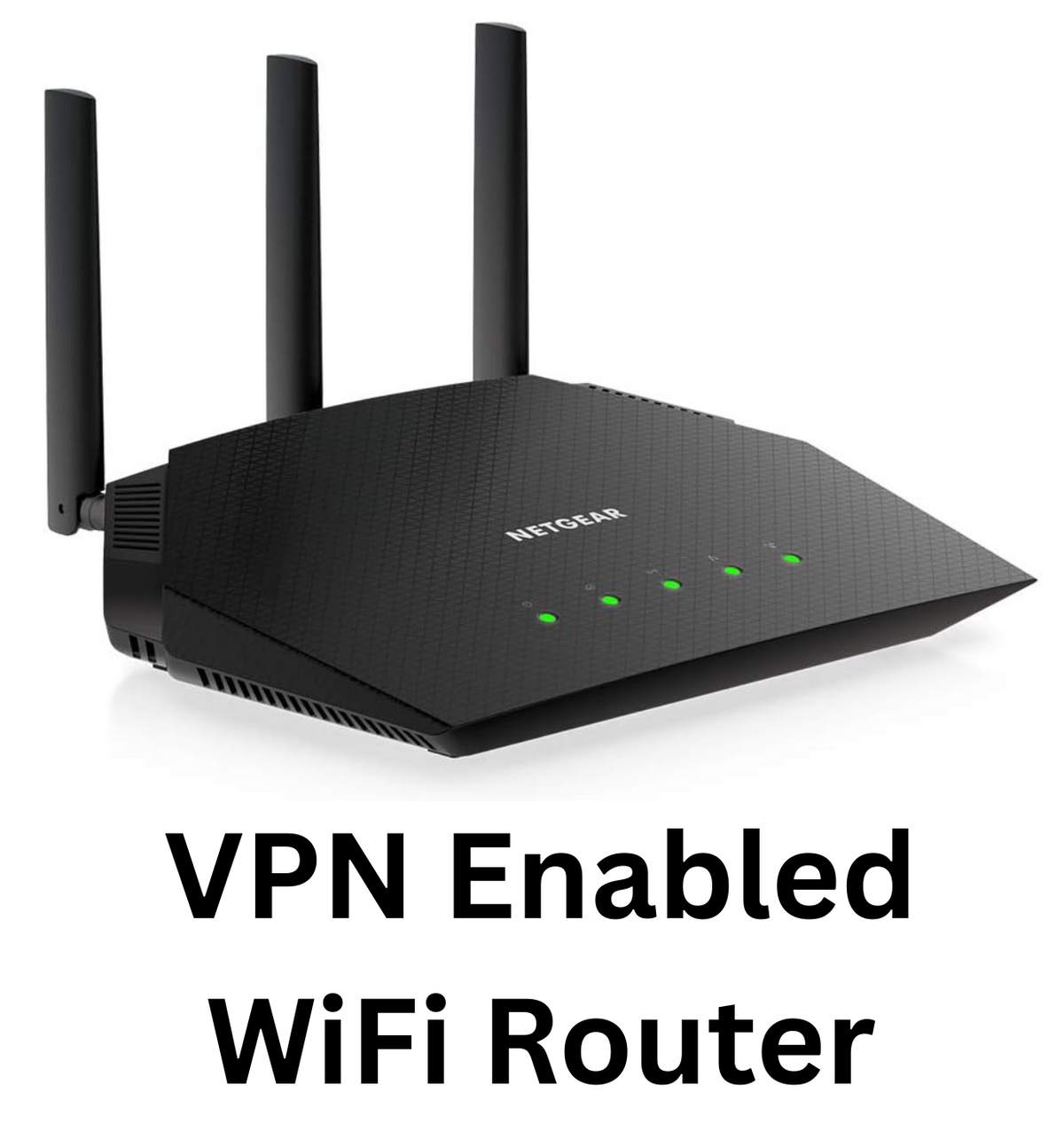 NETGEAR Nighthawk VPN Enabled WiFi Router with three antennas and bold overlay text