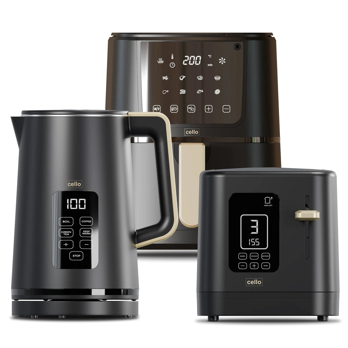 Kitchen Bundle - Digital Kettle + 2 Slice Toaster + Single Air Fryer (Cello) - Freesat Spares