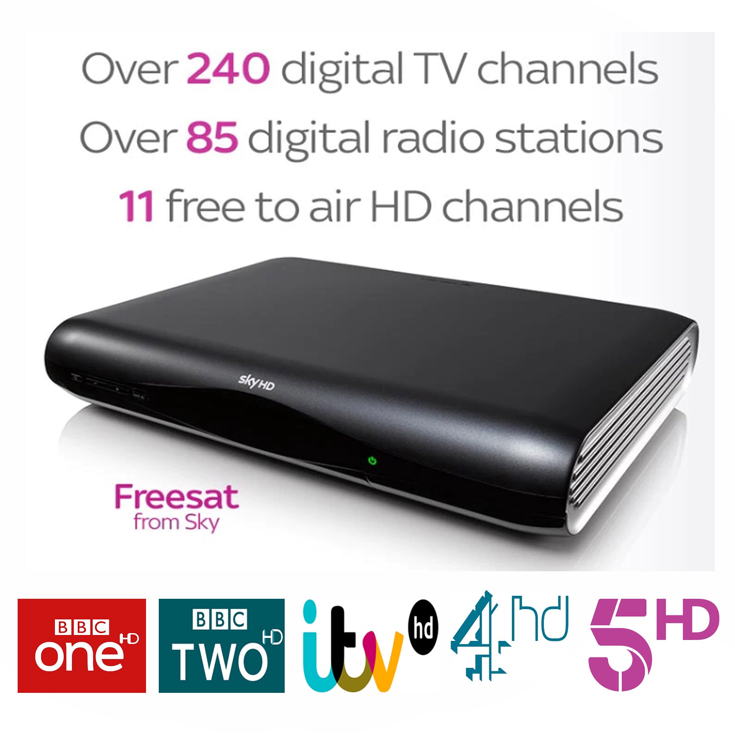 Sky HD Box showing Sky Box free TV options with multiple digital channels and logos of BBC One, BBC Two, ITV, Channel 4, Channel 5