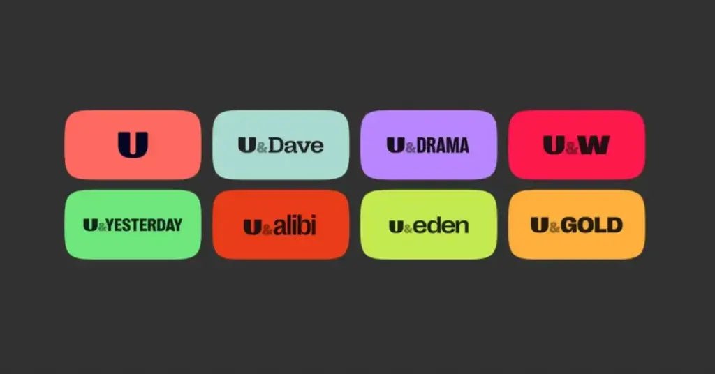 UKTV channel logos including U, U&Dave, U&Drama, U&W, U&Yesterday, U&alibi, U&eden, U&Gold on dark background representing UKTV satellite upgrade to DVB-S2 standard in 2025
