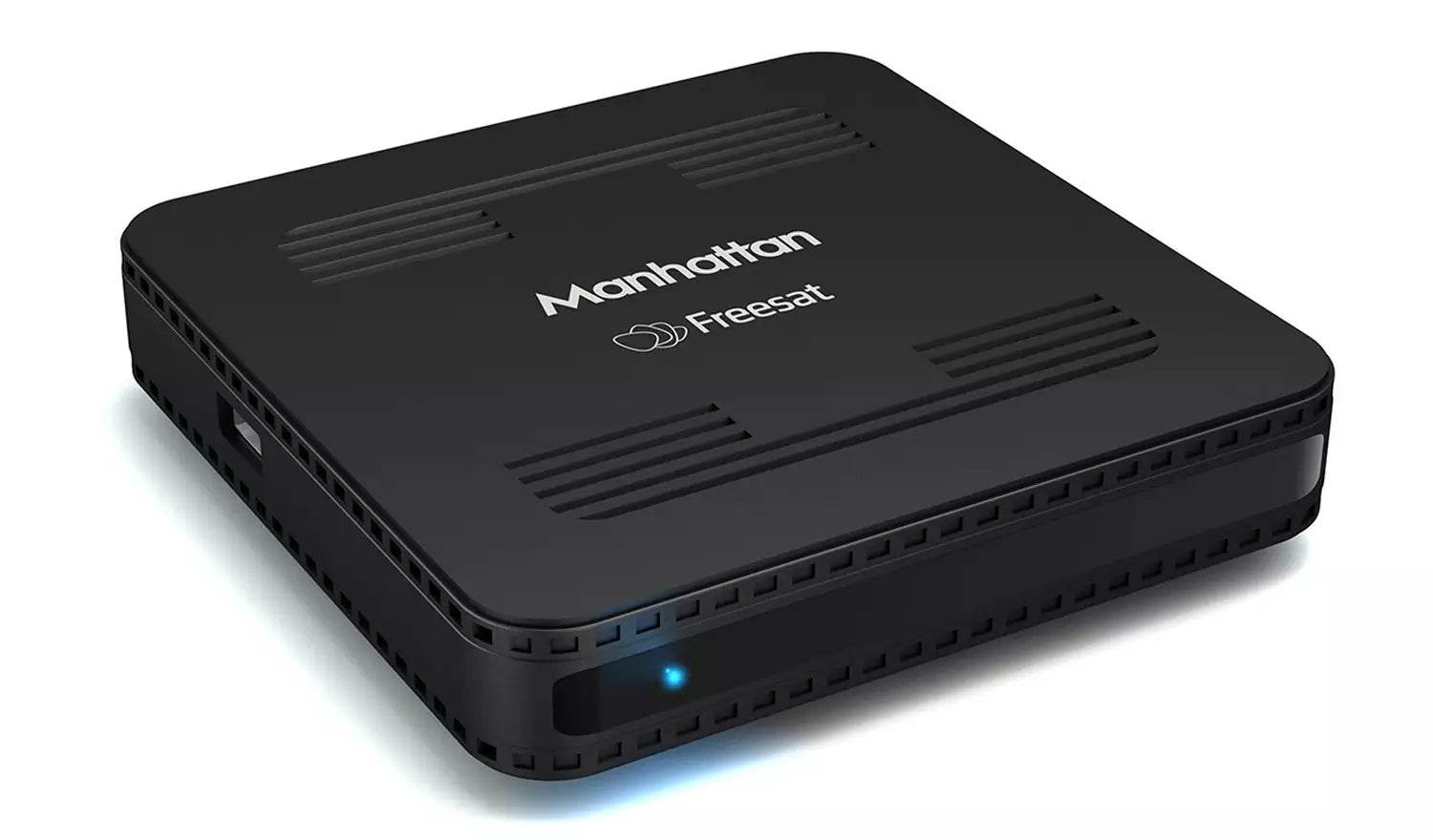 Small black Manhattan SX Freesat HD TV box with ventilation slots and front indicator light.
