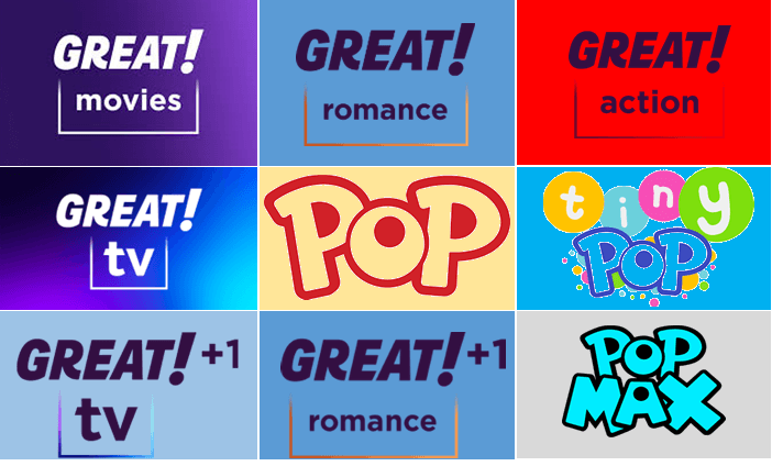 Logos of removed Freesat channels including GREAT! movies, GREAT! romance, GREAT! action, GREAT! tv, POP, Tiny POP, and POP Max due to Freesat channels loss