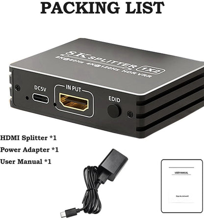 HDMI splitter 1x2 packaging showing power adapter and user manual