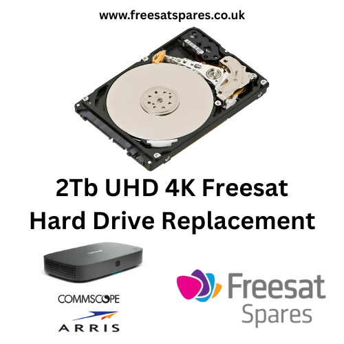 2Tb UHD 4K Freesat hard drive replacement with Commscope and ARRIS logos on a white background.