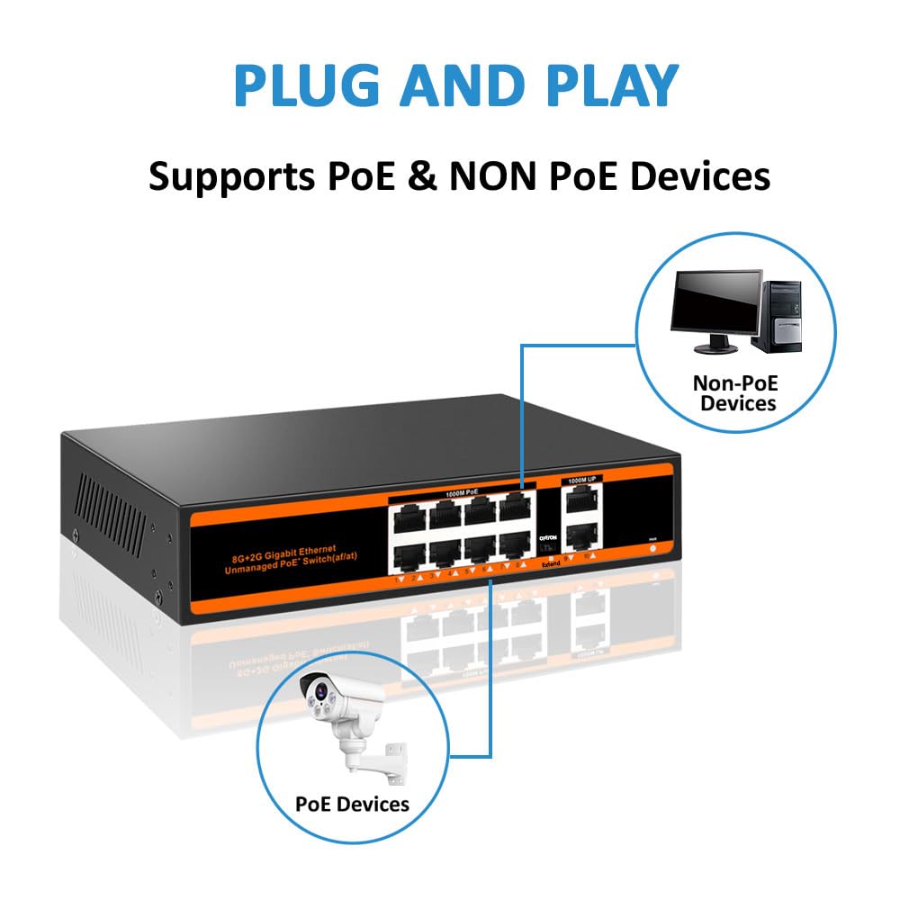 10-port 100Mbps PoE Switch with 2 UpLink ports 150W 802.3af/at Unmanaged
