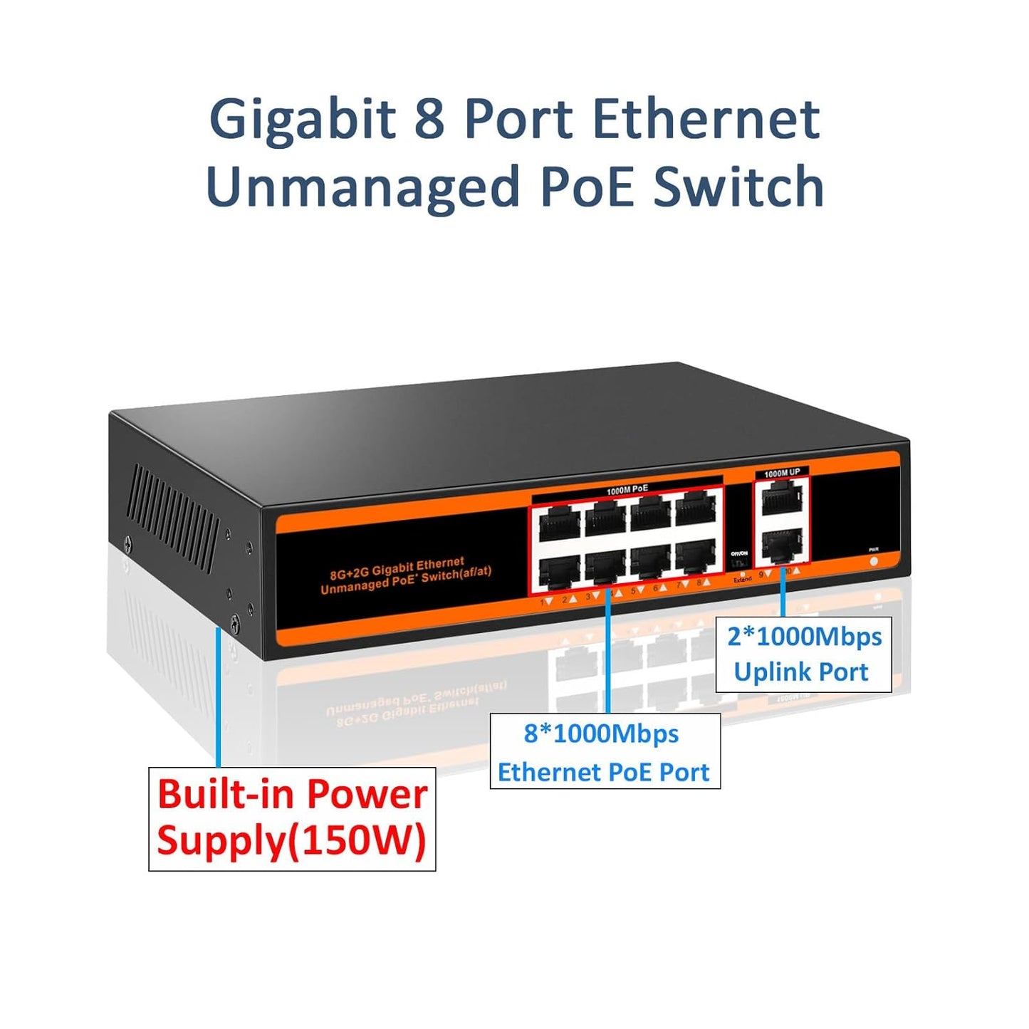 10-port 100Mbps PoE Switch with 2 UpLink ports 150W 802.3af/at Unmanaged