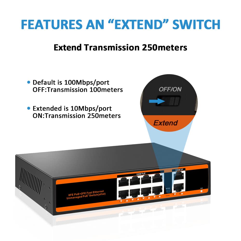 10-port 100Mbps PoE Switch with 2 UpLink ports 150W 802.3af/at Unmanaged