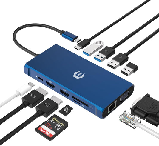 Ultimate USB-C Docking Station 12-in-1 Triple Display Hub with HDMI DP USB VGA