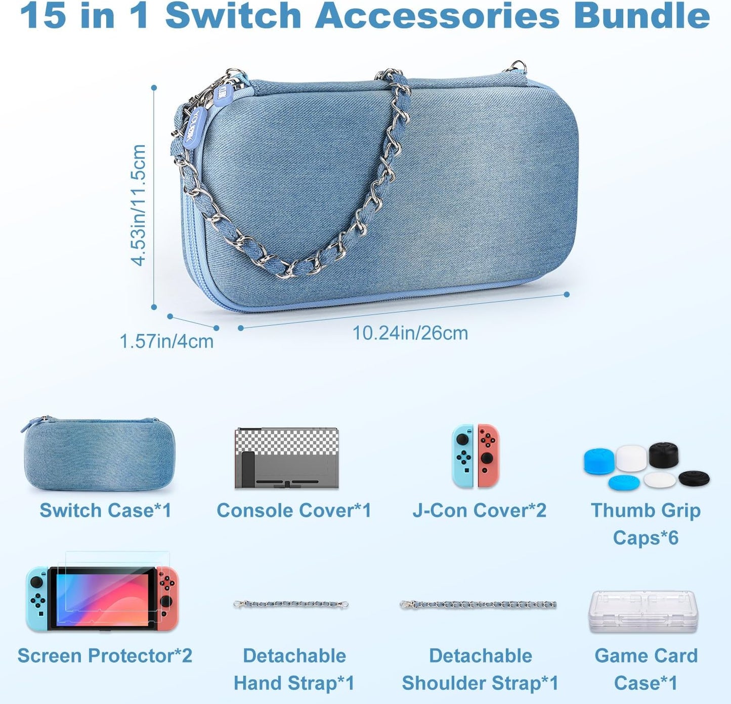 Nintendo Switch Case 13 in 1 Switch Accessories Denim Case with 9 Card Slots