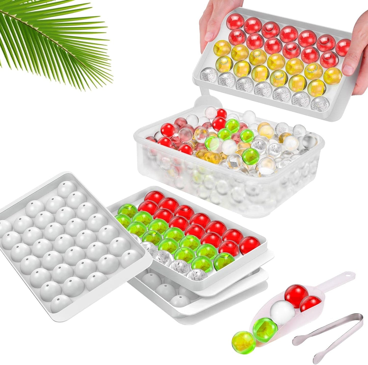 Premium Ice Cube Tray With Container Scoop & Tongs BPA Free Makes 66 Ice Balls