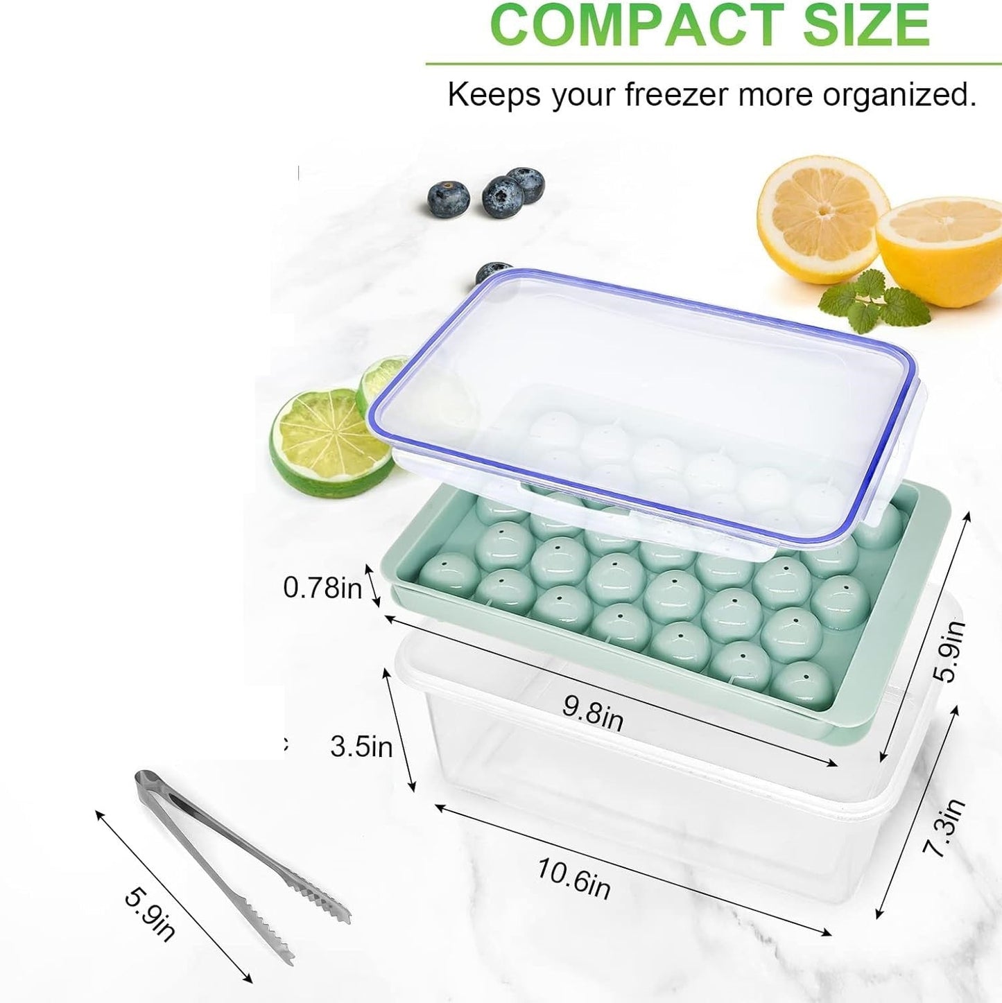 Premium Ice Cube Tray With Container Scoop & Tongs BPA Free Makes 66 Ice Balls