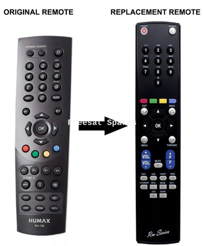 Freesat Humax FOXSAT HD-FOX replacement remote control for Humax RM-108 with full function compatibility