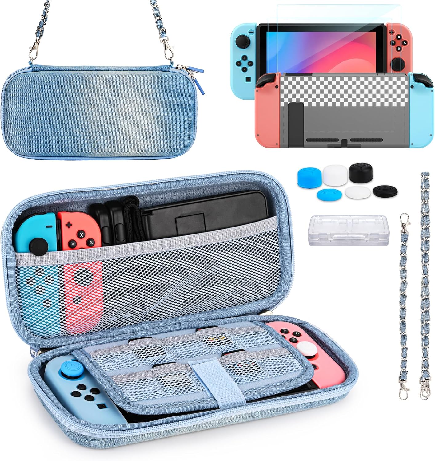 Nintendo Switch Case 13 in 1 Switch Accessories Denim Case with 9 Card Slots