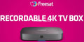 UHD-4X-500 4K Recorder recordable TV box on pink background with Freesat logo