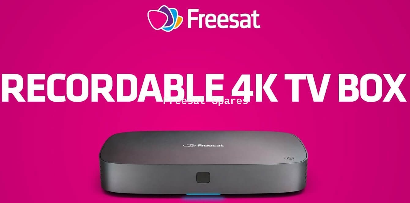 UHD-4X-500 4K Recorder recordable TV box on pink background with Freesat logo