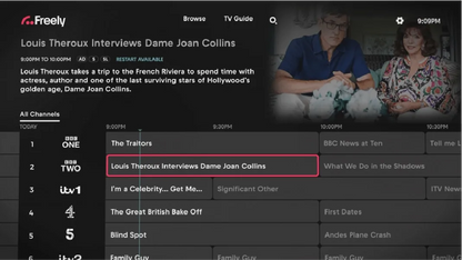 Freely TV streaming interface on a Manhattan Aero 4K streamer showing a Louis Theroux interview highlighted