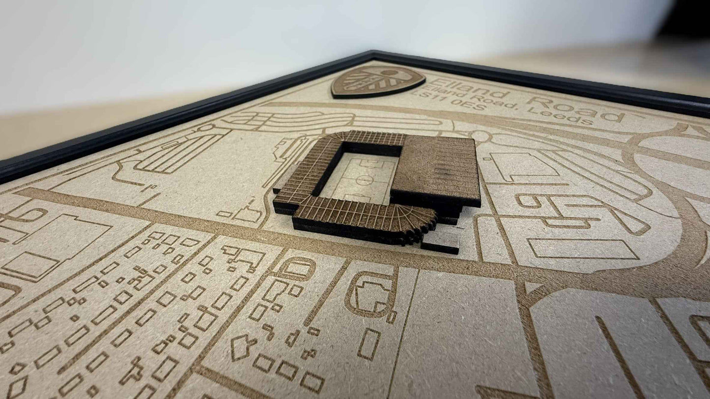 LUFC Elland Road Stadium Print Framed 3D Laser Burned Elland Road Stadium Art