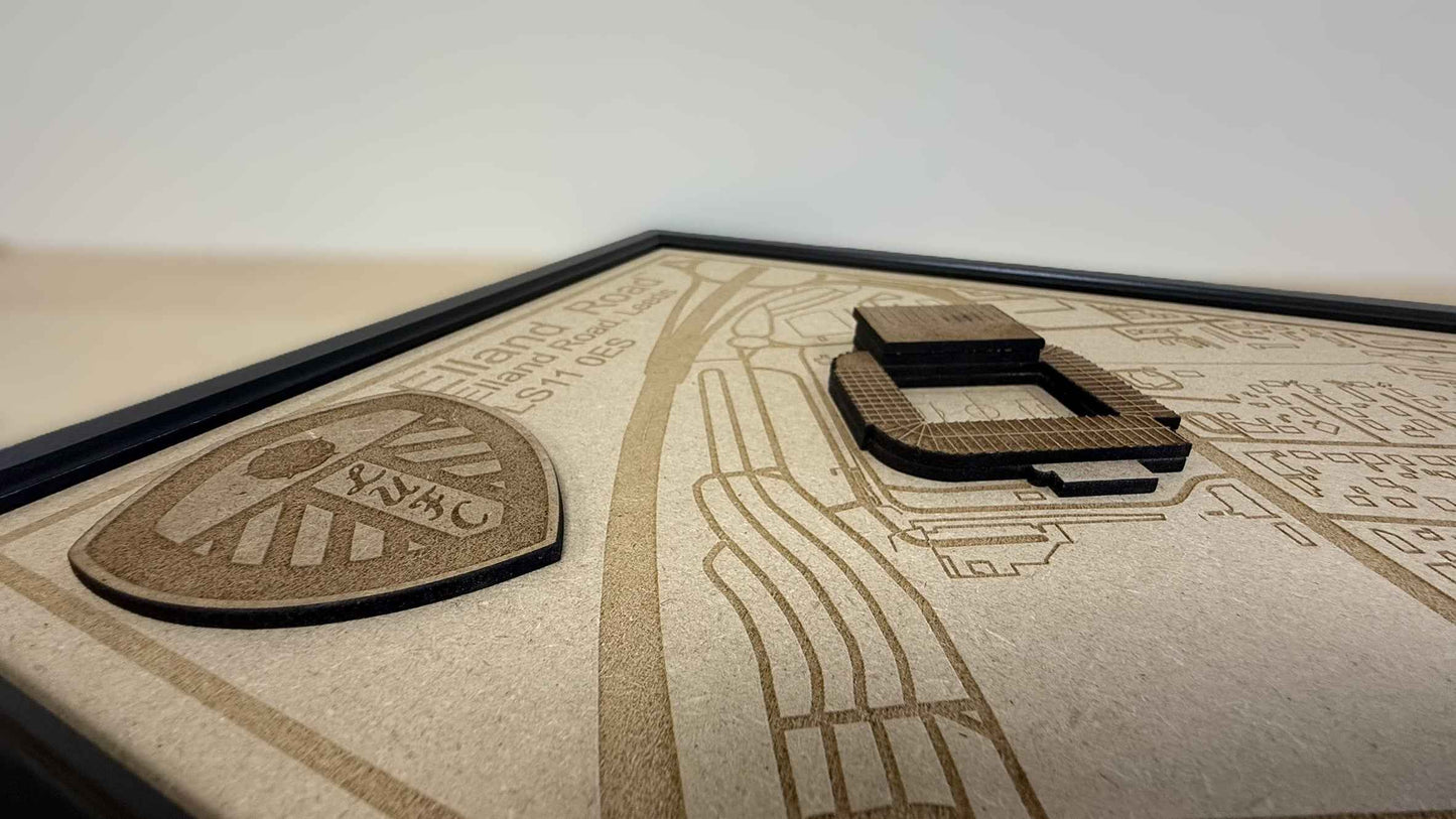 LUFC Elland Road Stadium Print Framed 3D Laser Burned Elland Road Stadium Art
