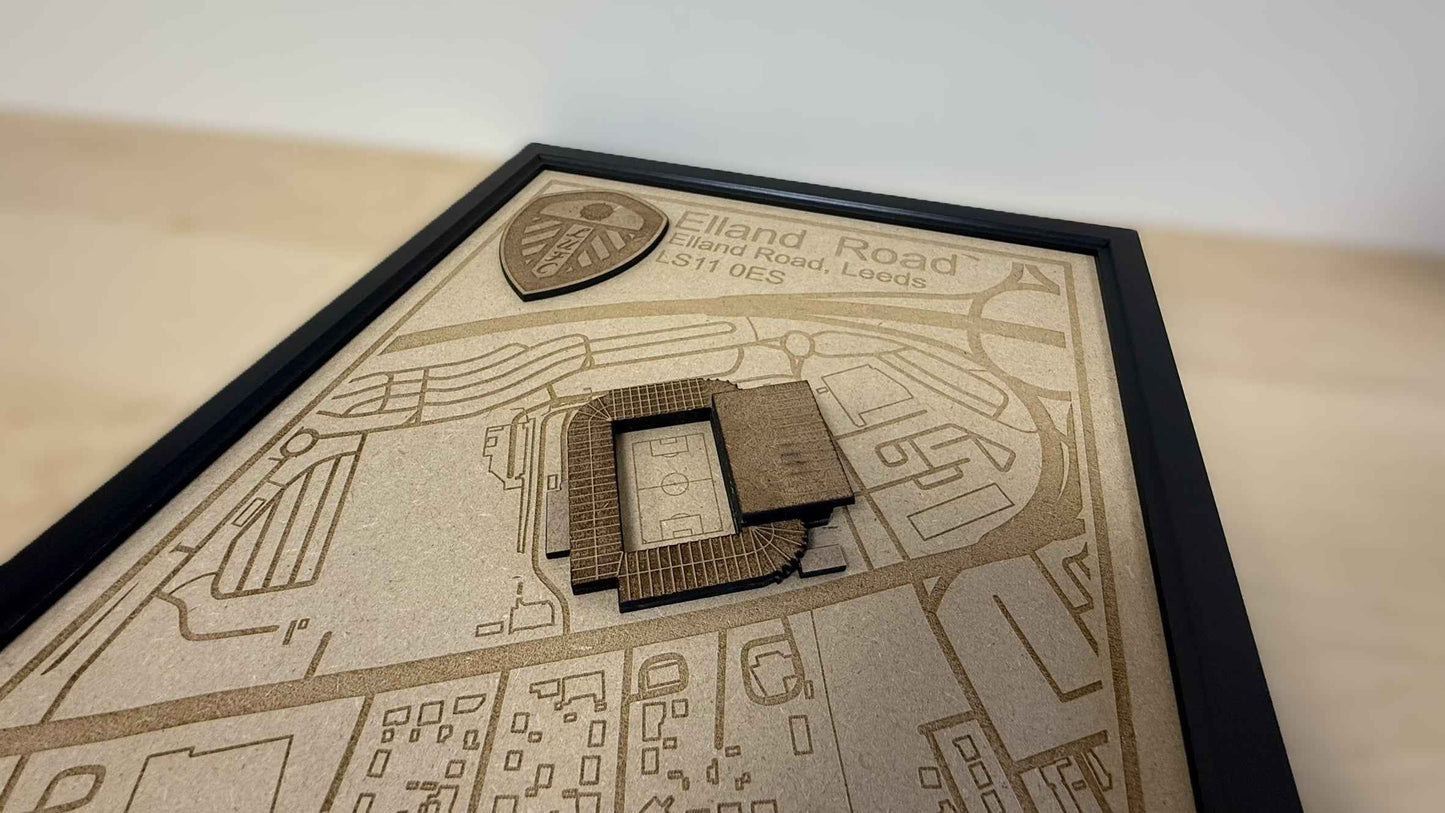 LUFC Elland Road Stadium Print Framed 3D Laser Burned Elland Road Stadium Art
