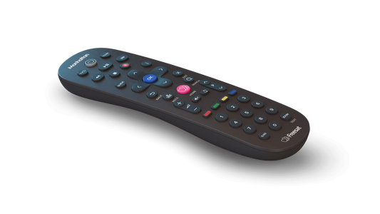 Manhattan S4 R Freesat remote control shown at an angle with blue OK button and many labeled buttons