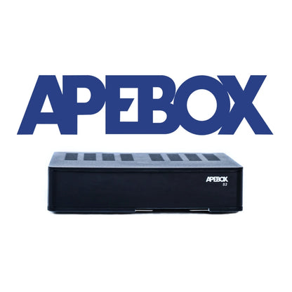 Apebox S2 HD digital satellite receiver shown with a large Apebox logo in the background