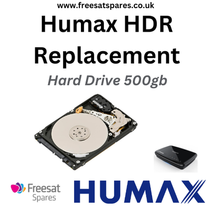Humax HDR replacement 500GB hard drive shown with Freesat Spares and Humax logos