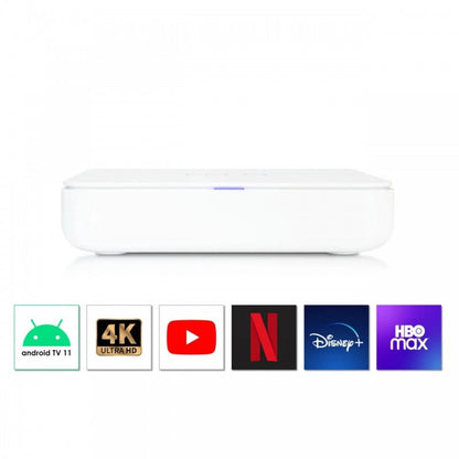 White Homatics Box R 4K Android TV box with a blue status light on the front.