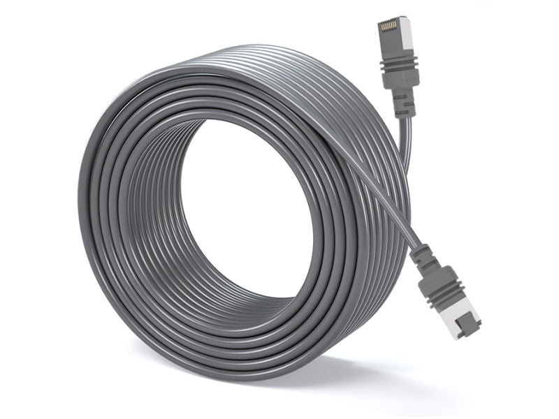 Coiled gray Starlink extension cable with sealed plug connectors at each end