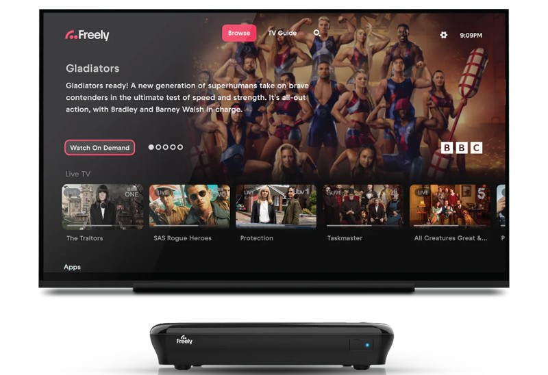 Humax AuraEZ 4K TV showing Freely interface with a 2TB Freely recorder box beneath