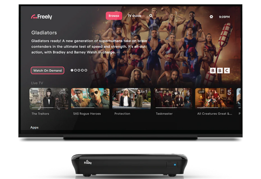 Humax AuraEZ 4K TV showing Freely interface with a 2TB Freely recorder box beneath