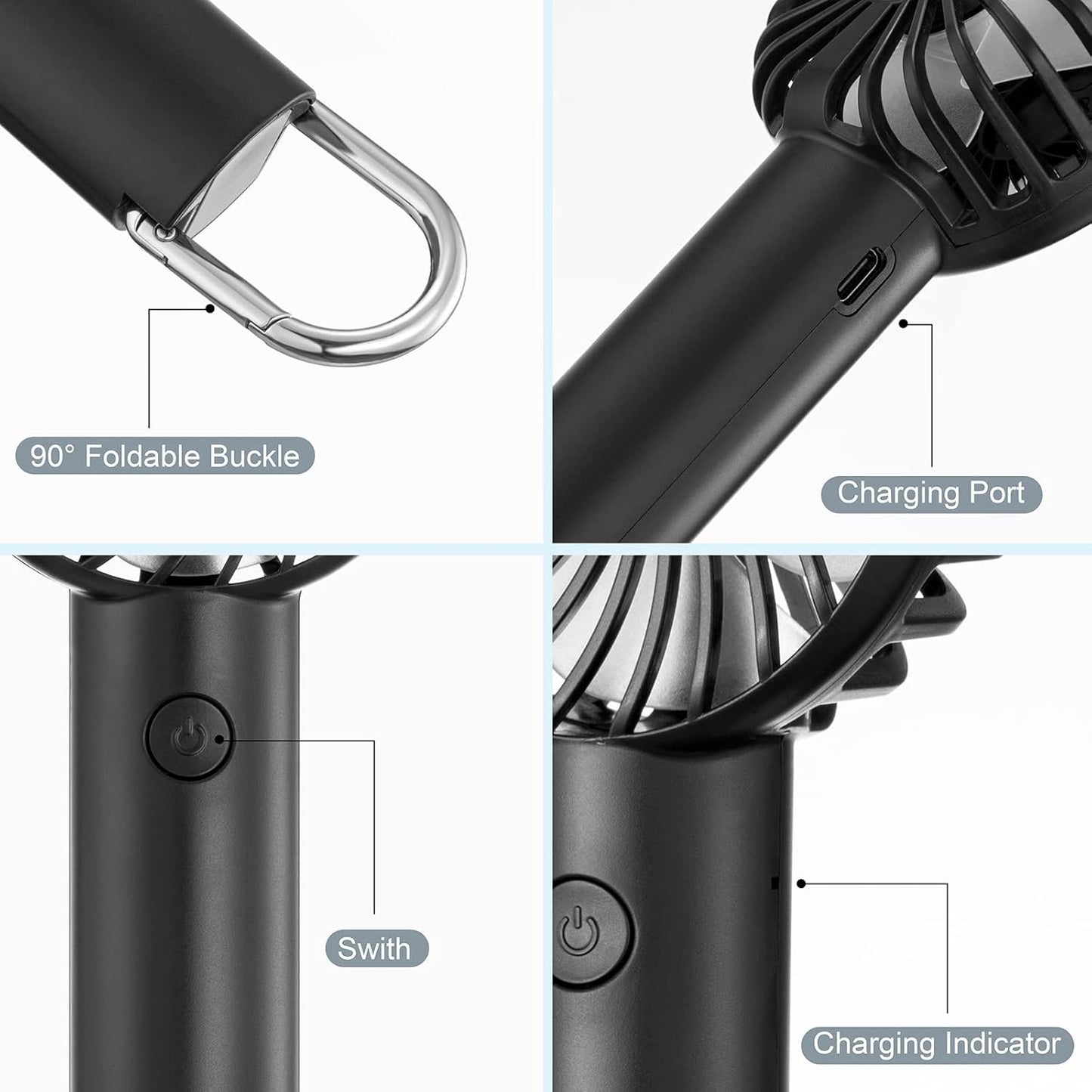 Portable Hand - held Fan Mini Fan Cooling USB Rechargeable 3 Speed With Clip Black - Freesat Spares