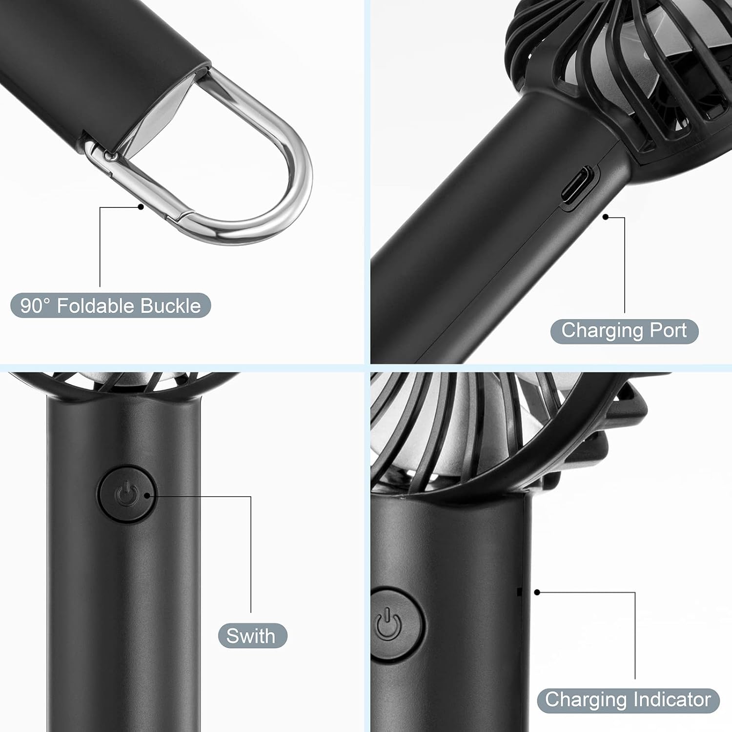 Portable Hand - held Fan Mini Fan Cooling USB Rechargeable 3 Speed With Clip Black - Freesat Spares