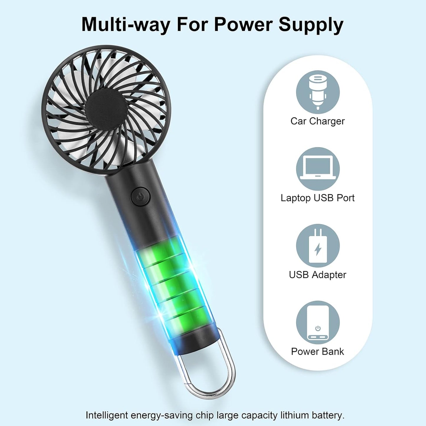 Portable Hand - held Fan Mini Fan Cooling USB Rechargeable 3 Speed With Clip Black - Freesat Spares