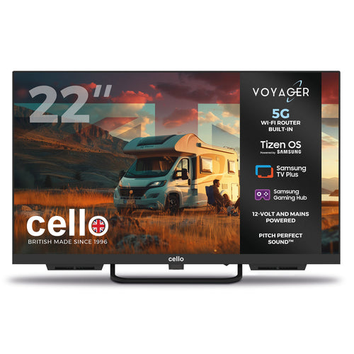22 inch Voyager Plus TV displaying a scenic camping scene with a camper van and built-in 5G Wi-Fi router