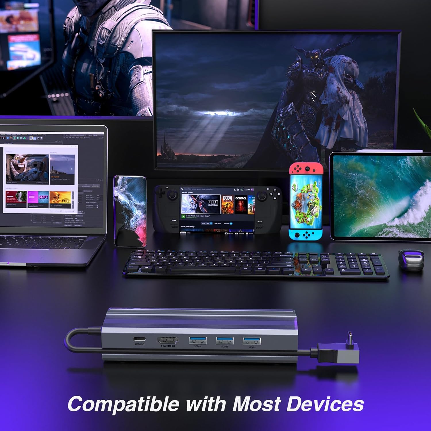 Steam Docking Station 6 in 1 USB C HDMI 2.0 4K@60Hz Ethernet USB A 3.0 and USB C - Freesat Spares