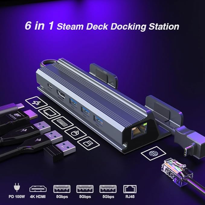 Steam Docking Station 6 in 1 USB C HDMI 2.0 4K@60Hz Ethernet USB A 3.0 and USB C - Freesat Spares