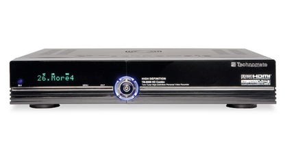 Technomate TM-8000 HD COMBO satellite receiver front panel with green LED display and illuminated circular dial.