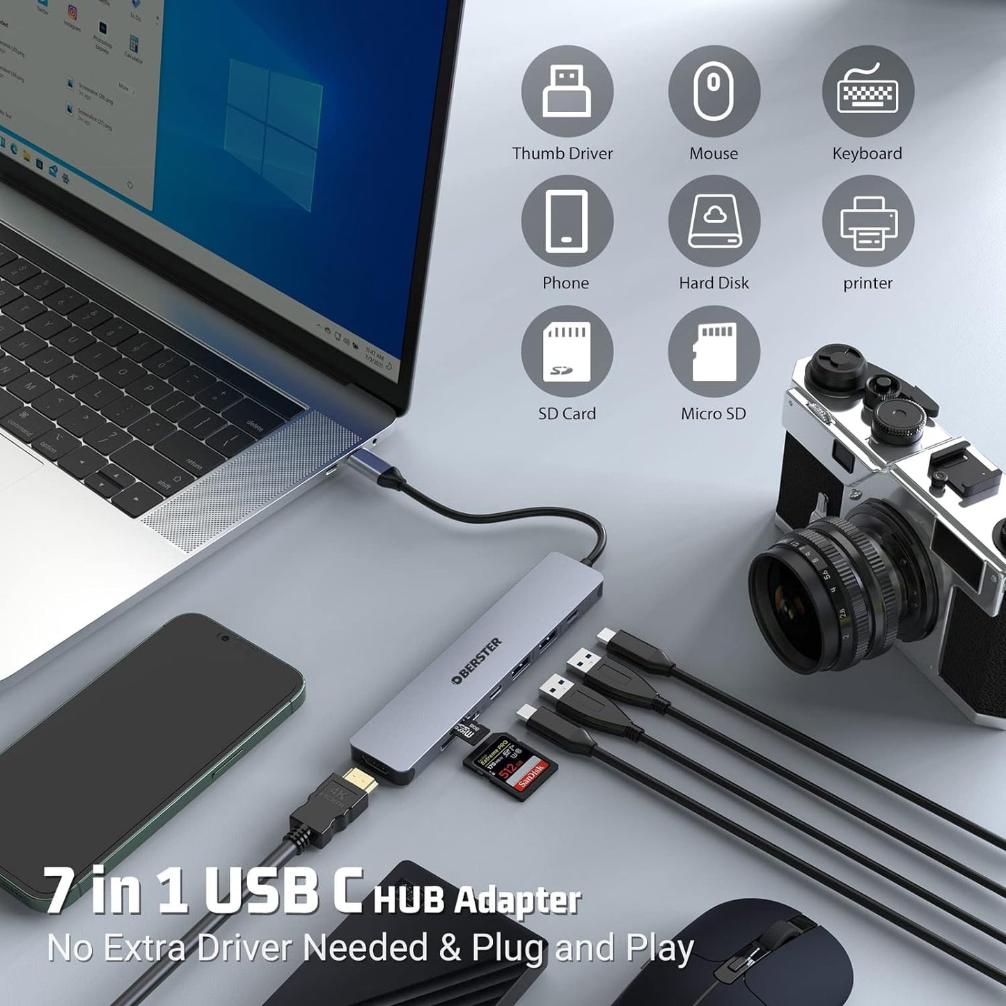 USB C Hub 7 in 1 Multiport USB Dock with 4K HDMI Output USB 3 100W PD SD/TF Card - Freesat Spares
