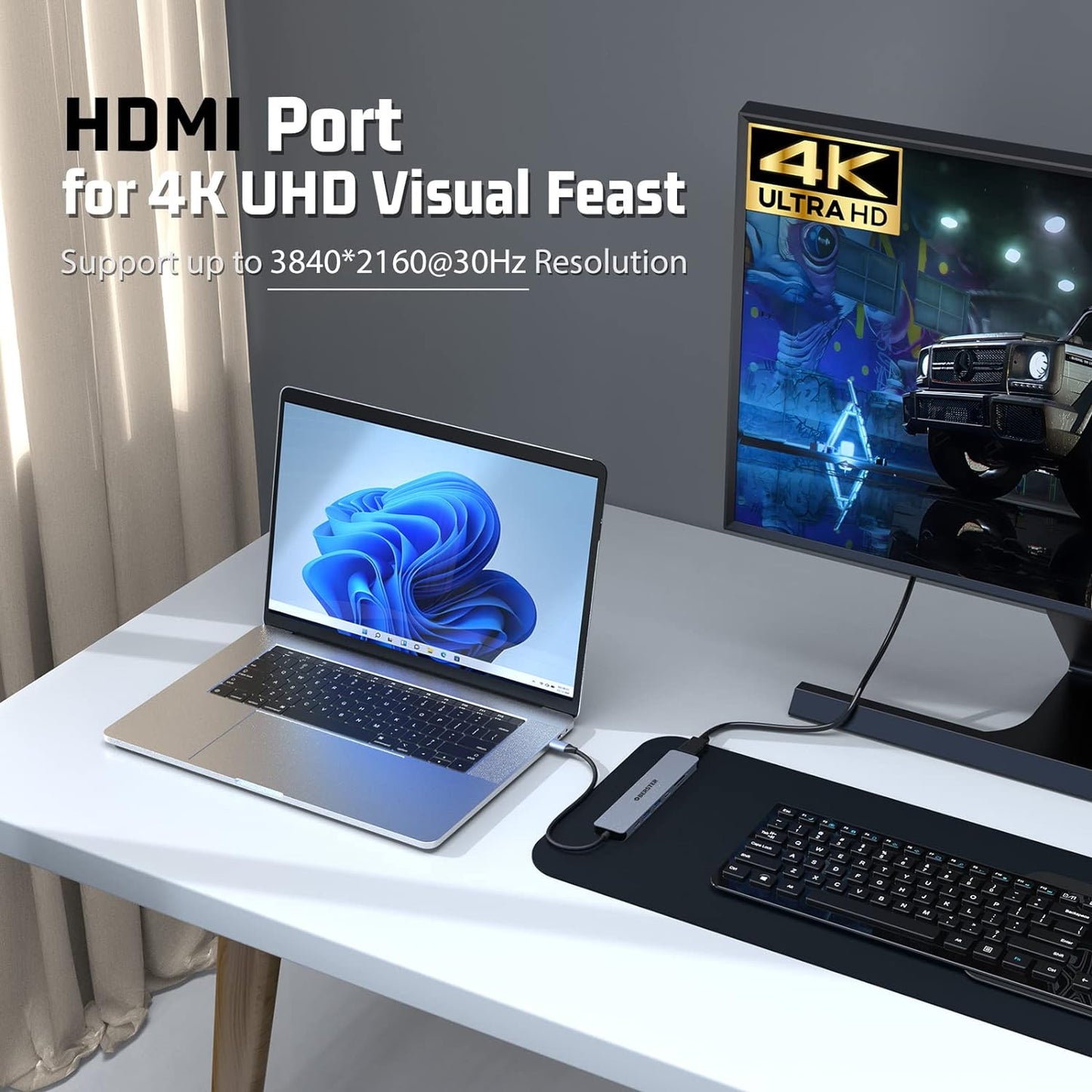 USB C Hub 7 in 1 Multiport USB Dock with 4K HDMI Output USB 3 100W PD SD/TF Card - Freesat Spares
