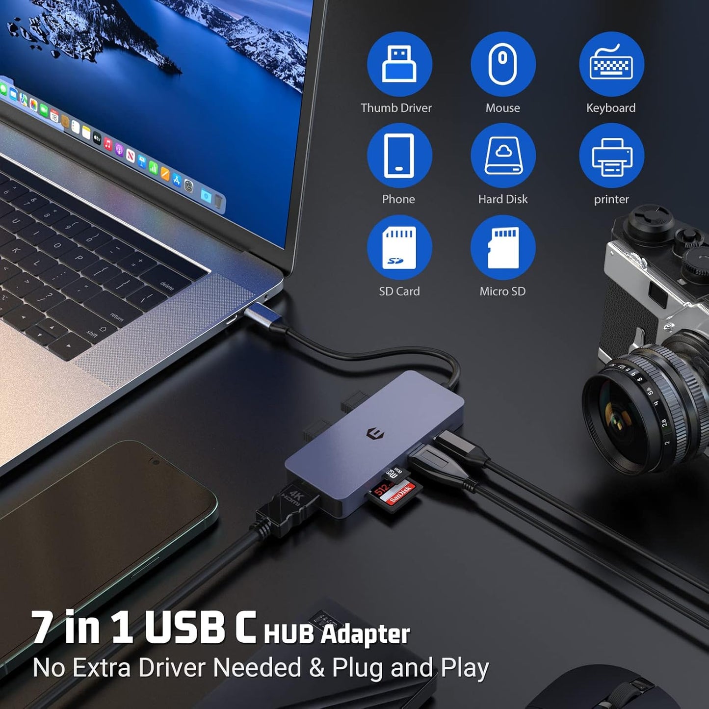 USB - C Hub Adapter 7 - in - 1 4K HDMI, 100W PD USB 3.0 Ports SD/TF Card Reader - Freesat Spares