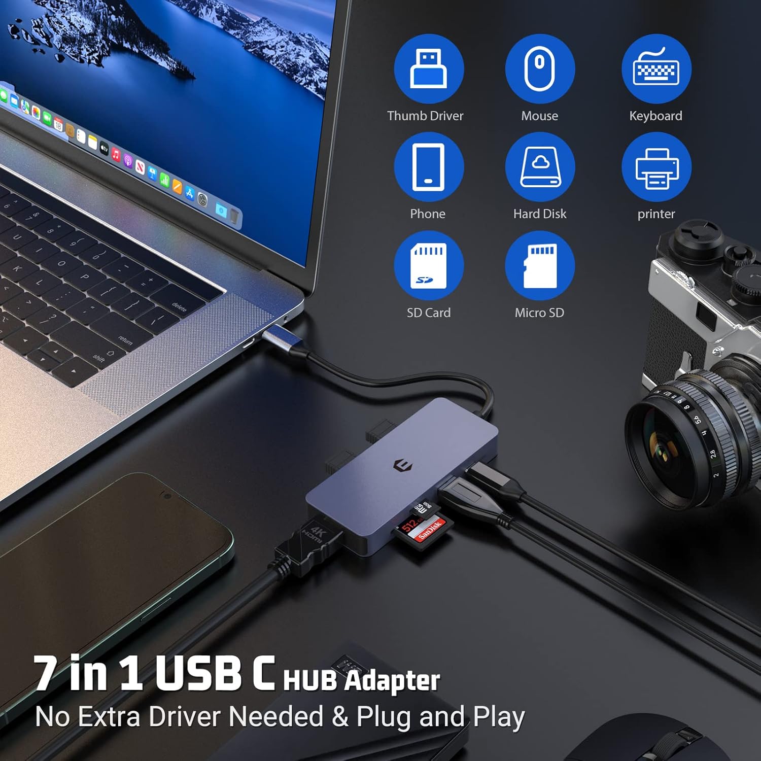 USB - C Hub Adapter 7 - in - 1 4K HDMI, 100W PD USB 3.0 Ports SD/TF Card Reader - Freesat Spares